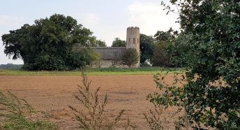 A church surrounded by farmland