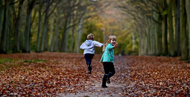 Young boy and girl playing in woodland in autumn Norfolk UK