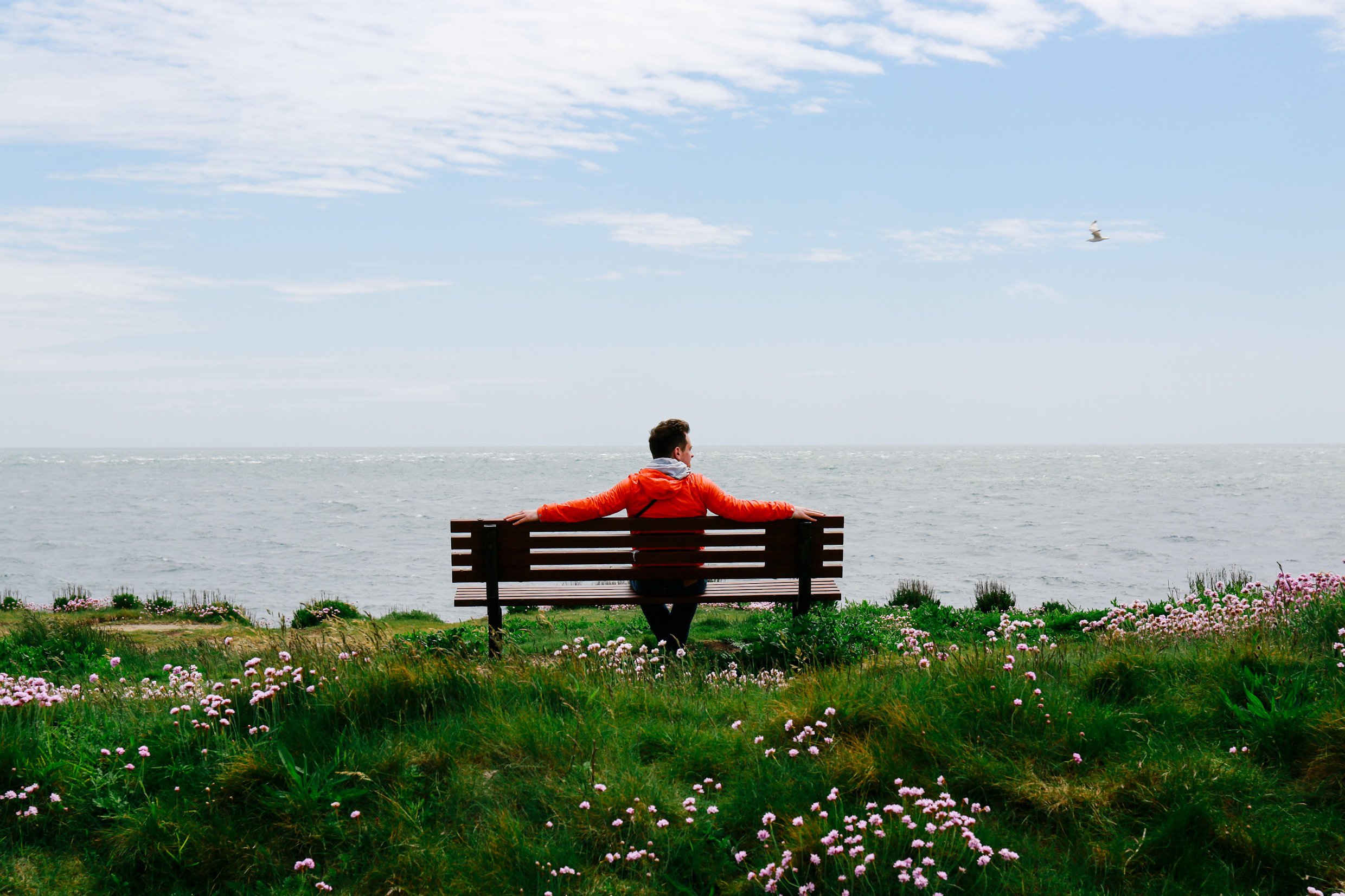 Man sitting on a coastal bench looking at the sea