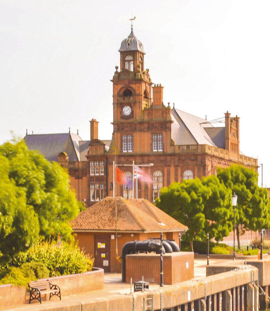 Great Yarmouth's historic South Quay with the River Yare and Town Hall.