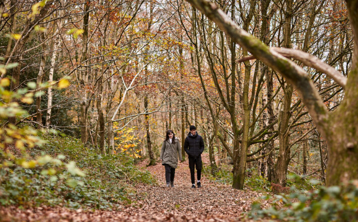 Woman and man walking through woodland