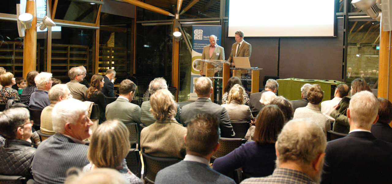 Tim O'Riordan addressing the audience at a CPRE Norfolk AGM