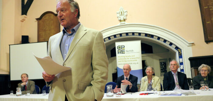 Tim O'Riordan making a speech at the 2018 CPRE Norfolk awards