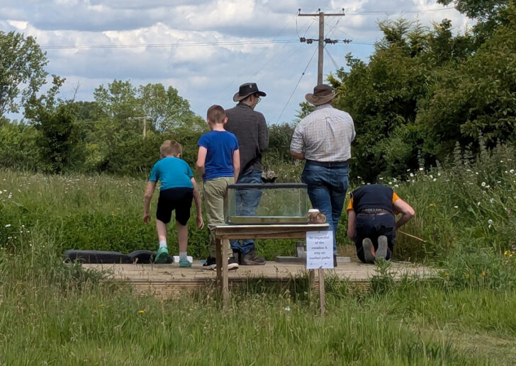A group of adults and children pond-dipping at Martha's Meadow