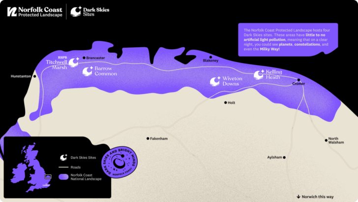 A map showing the four dark skies sites hosted on the Norfolk Coast Protected Landscapes
