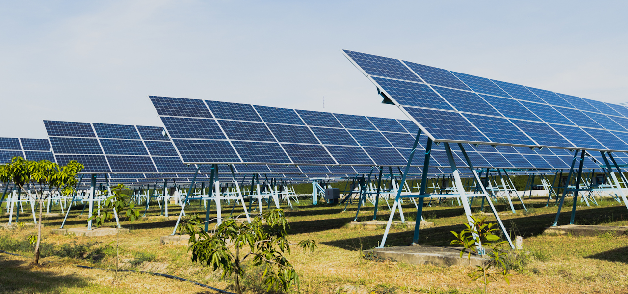 A huge bank of land based solar panels in a field