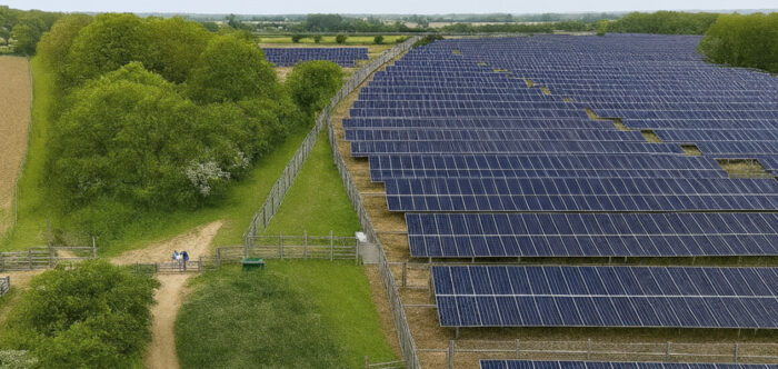 A huge bank of land based solar panels covering a vast area and stretching off into the distance.