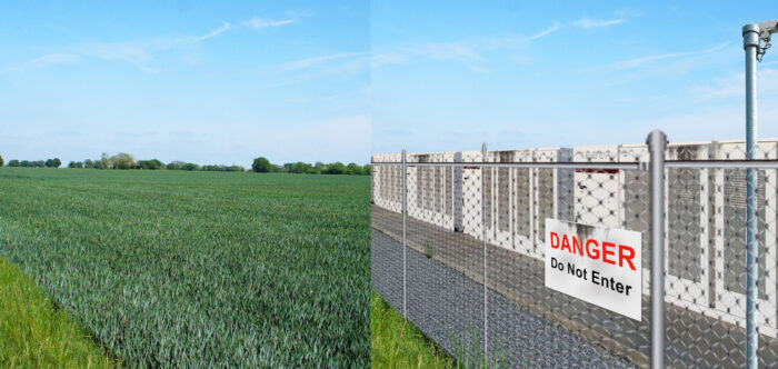 A side-by-side comparison of a green field growing arable crops and the same field with security fencing, lighting, danger signage and huge banks of batteries.