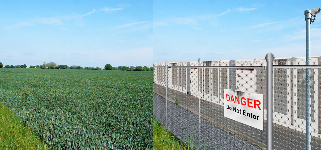 A side-by-side comparison of a green field growing arable crops and the same field with security fencing, lighting, danger signage and huge banks of batteries.