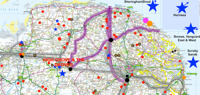 A map of Norfolk showing the locations of proposed solar farms and other electrical infrastructure including power stations, biodigesters, pylons, cables, wind turbines and nuclear.