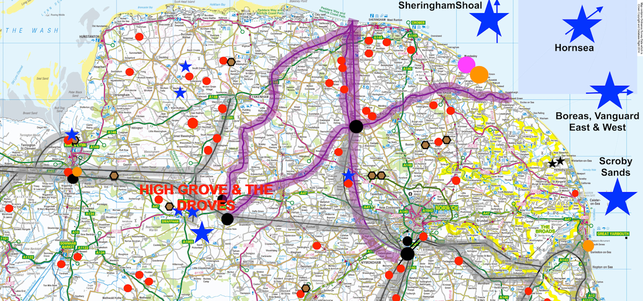 A map of Norfolk showing the locations of proposed solar farms and other electrical infrastructure including power stations, biodigesters, pylons, cables, wind turbines and nuclear.