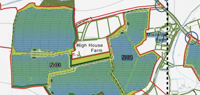 A map showing the proposed solar farm infrastructure surrounding High House and Mistletoe Farms.