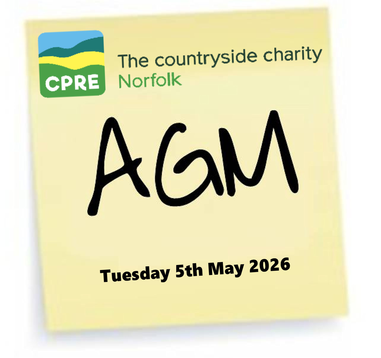 A CPRE Norfolk post-it note with the AGM date of Tuesday 5th May 2026