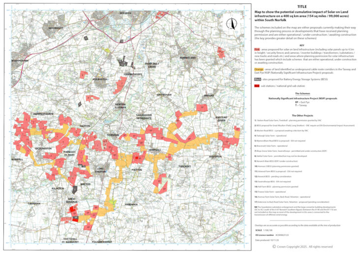 Map to show the potential cumulative impact of Solar on Land infrastructure on a 400sq km area (154 sq miles / 99,000 acres) within South Norfolk.