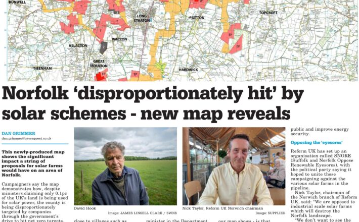 A clipping from the Eastern Daily Press dates 12th January 2026 with an article showing CPRE Norfolk's map of proposed solar farms