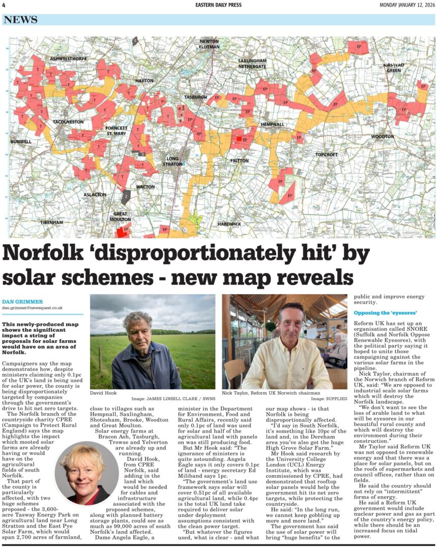 A clipping from the Eastern Daily Press dates 12th January 2026 with an article showing CPRE Norfolk's map of proposed solar farms