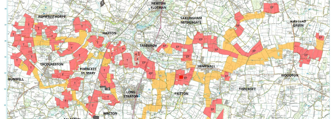 A clipping from the Eastern Daily Press dates 12th January 2026 with an article showing CPRE Norfolk's map of proposed solar farms