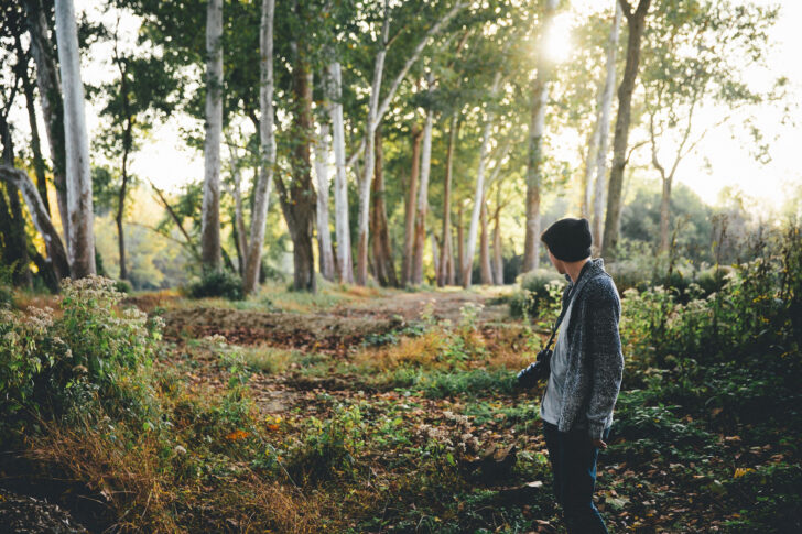 A person is standing alone in a dense forest, looking intently at their surroundings. The individual appears focused and contemplative, surrounded by tall trees and the sounds of nature.