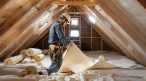 A man laying insulation in a loft space