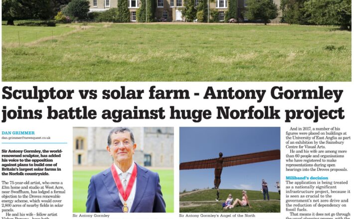 A clipping from the Eastern Daily Press dated 11th March 2026 with an article detailing Sir Antony Gormley's objection to the proposed Droves solar farm.