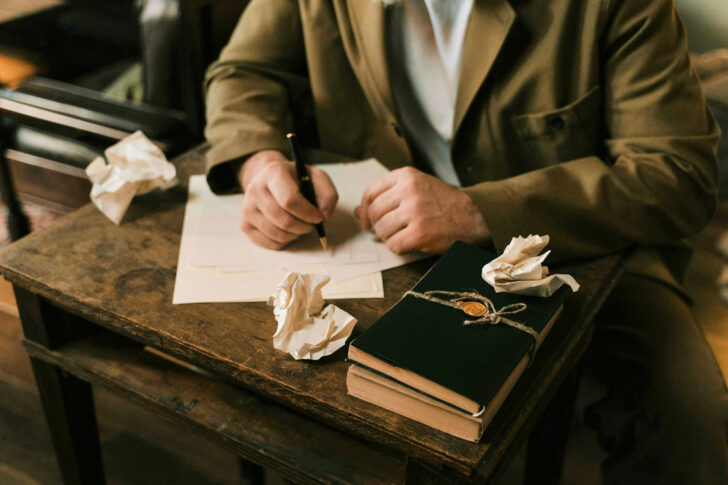 An older man hand writing a letter on white paper