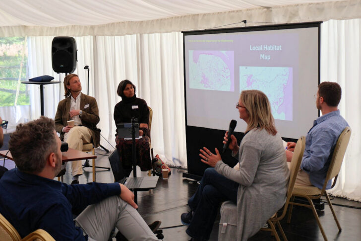 3. L-R: Henry Parkinson (Langley Abbey Environment Project), Pallavi Devulapalli (CPRE Norfolk), Jennifer Burlingham (Norfolk and Suffolk Nature Recovery Partnership, with microphone) and Morgan Taylor (Greengage) during one of the day's panels on delivering nature projects while navigating policy developments