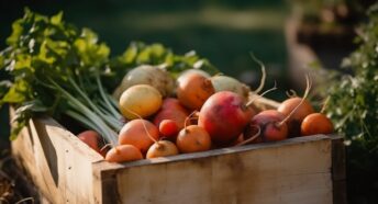 Freshly picked organic turnips in a wooden box in a garden