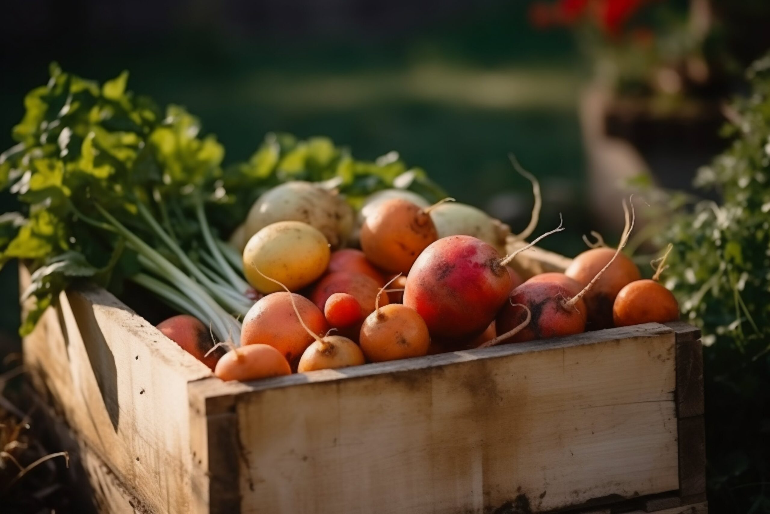 Freshly picked organic turnips in a wooden box in a garden