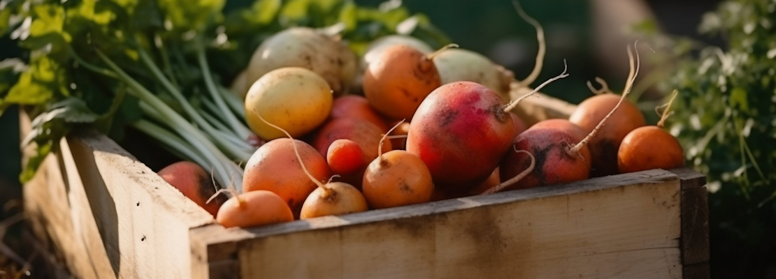 Freshly picked organic turnips in a wooden box in a garden