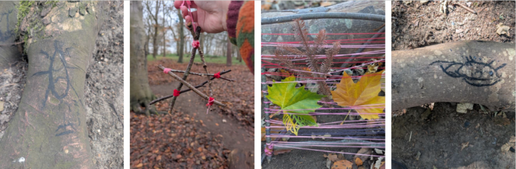 Nature art created using leaves and pine leaves created by students of City Academy Norwich.