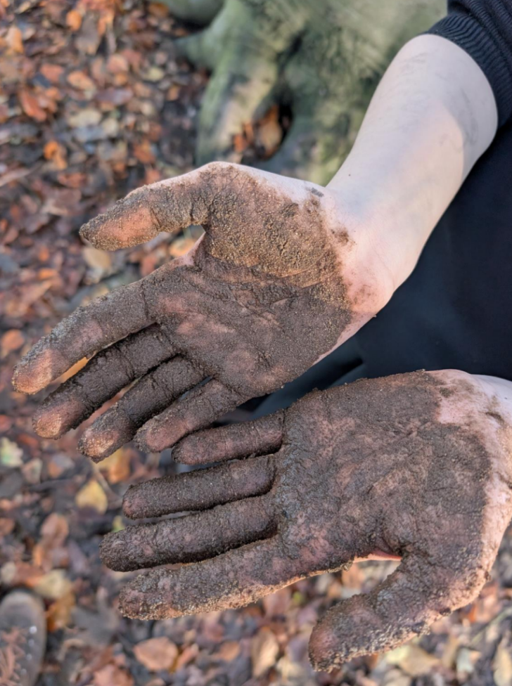 A close up of muddy hands as students of City Academy Norwich discover nature through practical exploration.
